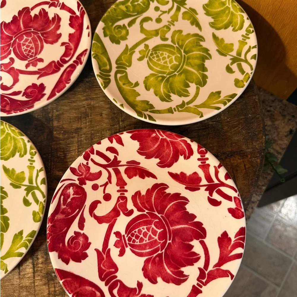 Pier 1 Imports Floral Earthenware Salad Plates Set of 4 Red Green White 7